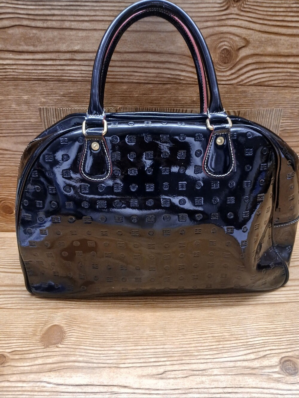 Arcadia Black Patent Satchel with Gold-Tone Accents